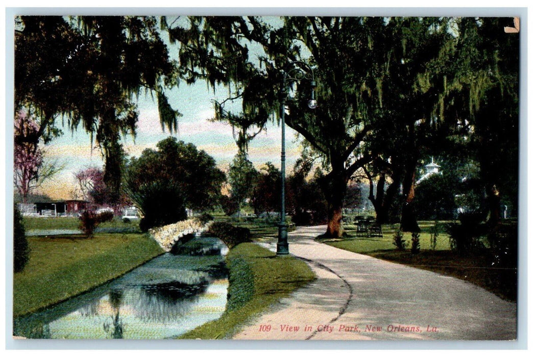 c1910's View In City Park Stoen Bridge New Orleans Louisiana LA Antique Postcard