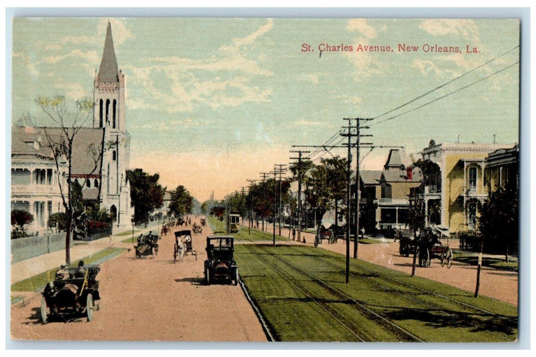 c1910's St. Charles Avenue Cars House Church New Orleans Louisiana LA Postcard