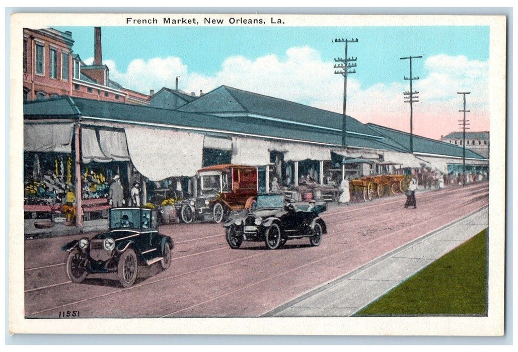 c1930's French Market Cars Horse Carriage New Orleans Louisiana LA Postcard