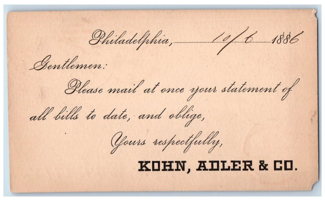 1886 Kohn Adler & Co. Philadelphia Pennsylvania PA New York City NY Postal Card