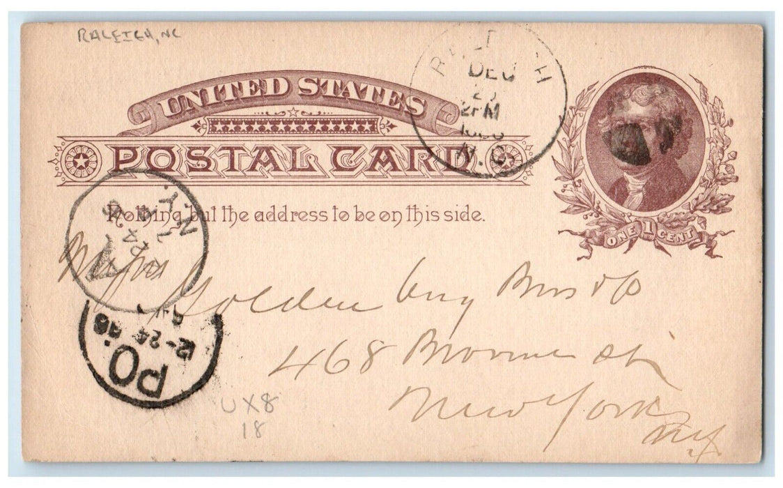 1886 Mail State Raleigh Maine North Carolina NC New York NY Postal Card