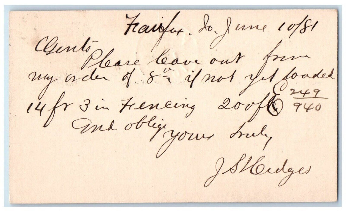 1881 Lumber Order Fencing Fairfax Iowa IA Clinton IA Posted Postal Card