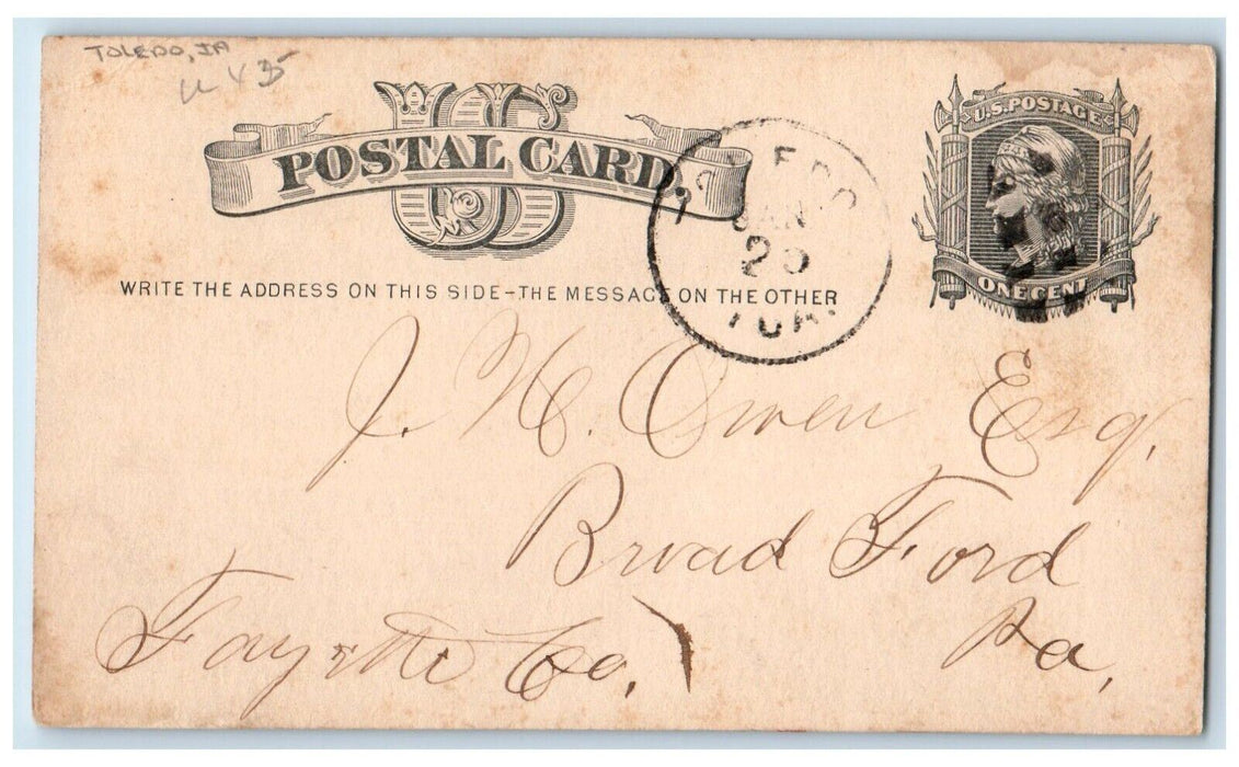 1878 Date of Note Toledo Iowa IA Brad Ford Pennsylvania PA Postal Card