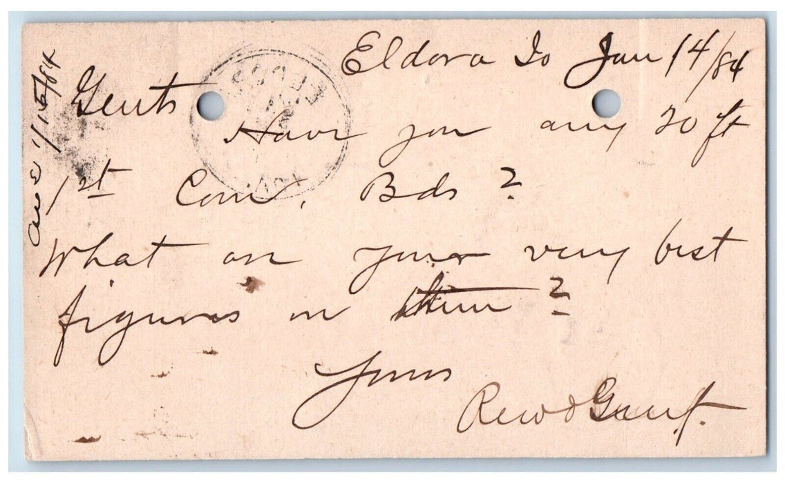 1884 Looking for 20 ft Lumber Eldora Iowa IA Clinton IA Antique Postal Card