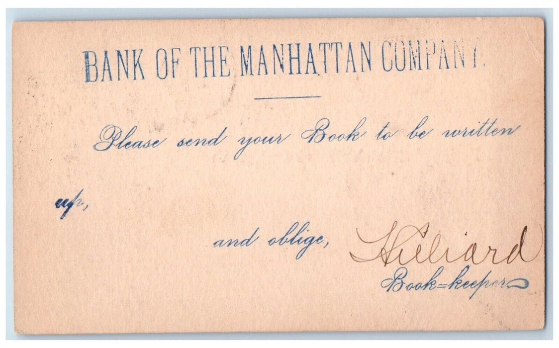 1886 Please Send Book Bank of the Manhattan Company New York NY Postal Card