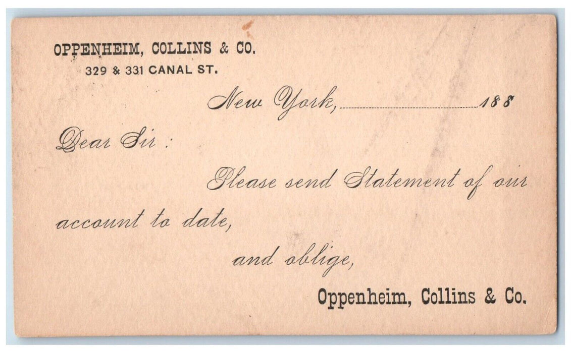 1887 Statement of Date Oppenheim Collins & Co. New York City NY Postal Card