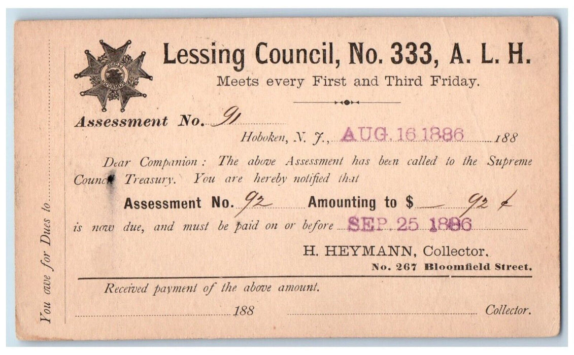 1886 Assessment No. 91 Lessing Council No. 333 Hoboken NJ Postal Card