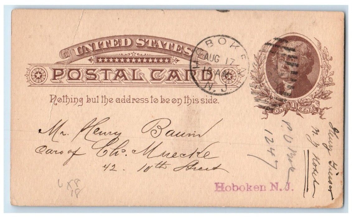 1886 Assessment No. 91 Lessing Council No. 333 Hoboken NJ Postal Card