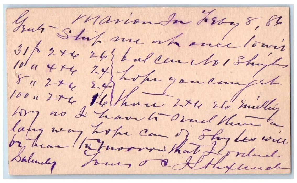 1886 Marion Iowa IA Lumber Order Clinton Iowa IA Posted Antique Postal Card