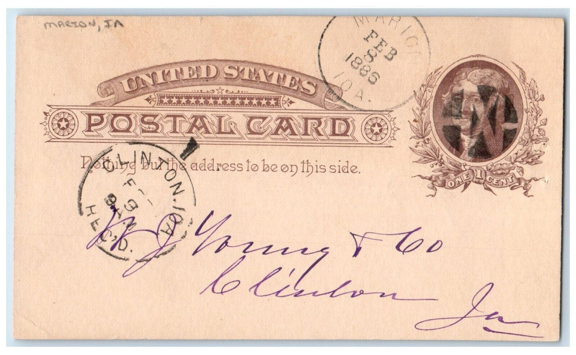 1886 Marion Iowa IA Lumber Order Clinton Iowa IA Posted Antique Postal Card