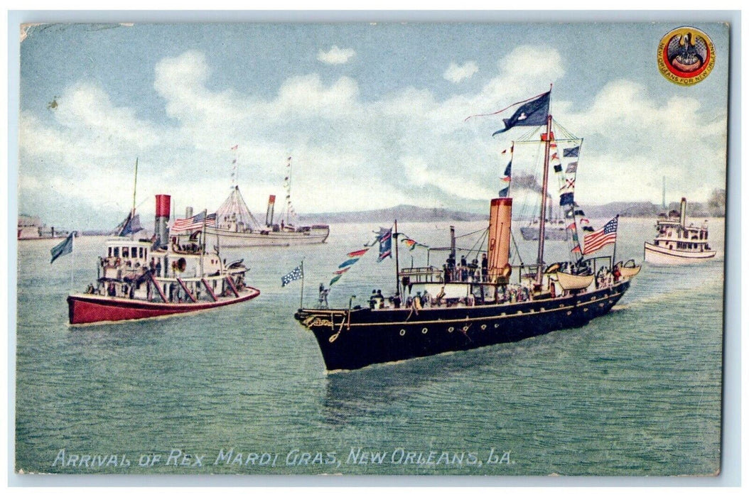 c1910's Arrival Of Rex Mardi Gras Steamer Ship New Orleans Louisiana LA Postcard