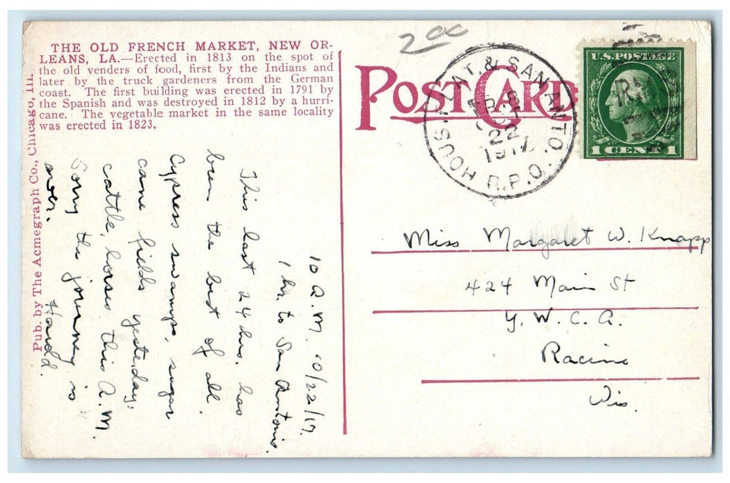 1917 The Old French Market Horse Carriage Railroad New Orleans LA RPO Postcard