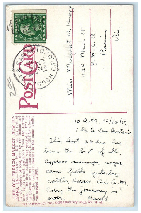 1917 The Old French Market Horse Carriage Railroad New Orleans LA RPO Postcard