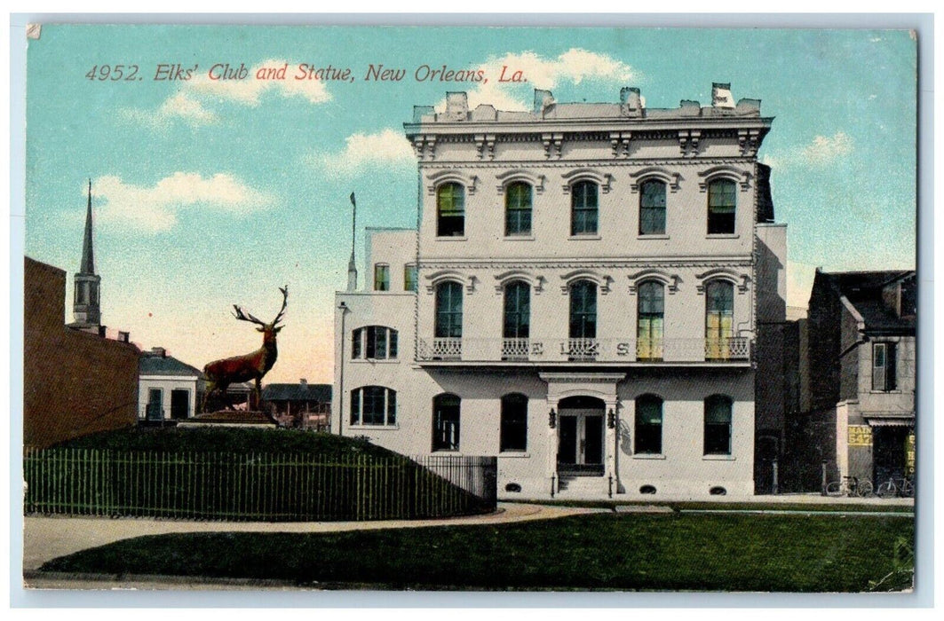 c1910's View Of Elk's Club And Statue New Orleans Louisiana LA Antique Postcard