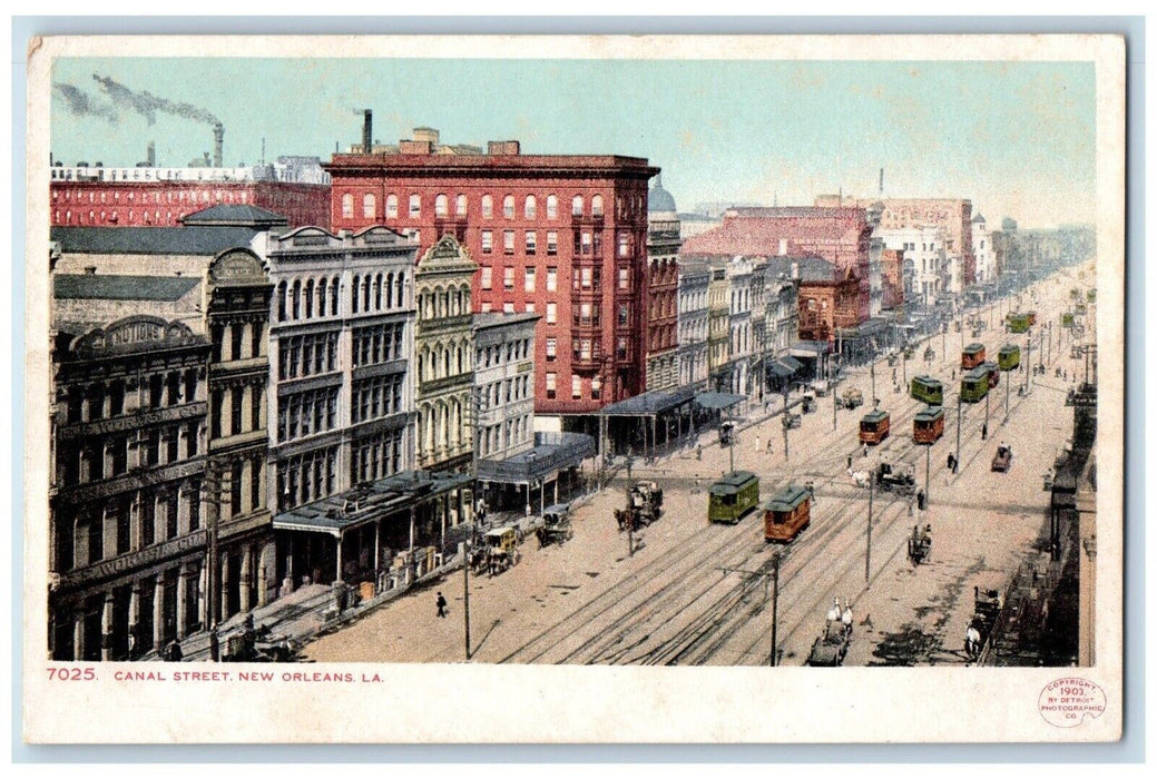 c1905 View Of Canal Street Trolley Cars Stores New Orleans Louisiana LA Postcard