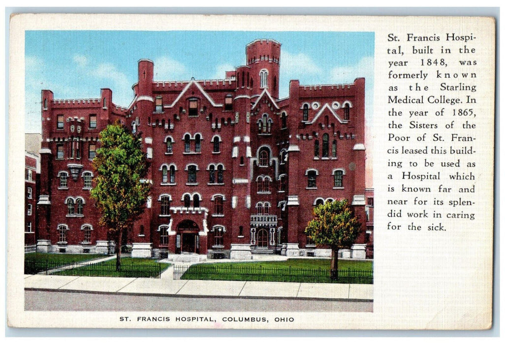 1943 Entrance To St. Francis Hospital Building Columbus Ohio OH Vintage Postcard