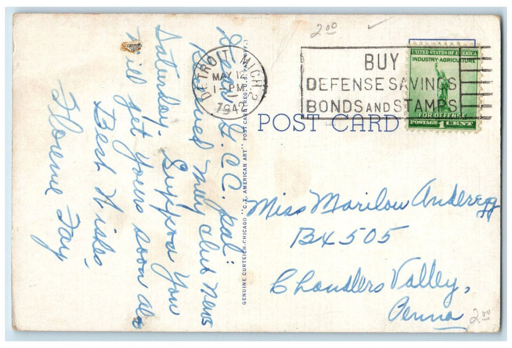 1942 Valley View Hospital Building Ada Oklahoma OK, Detroit MI Vintage Postcard