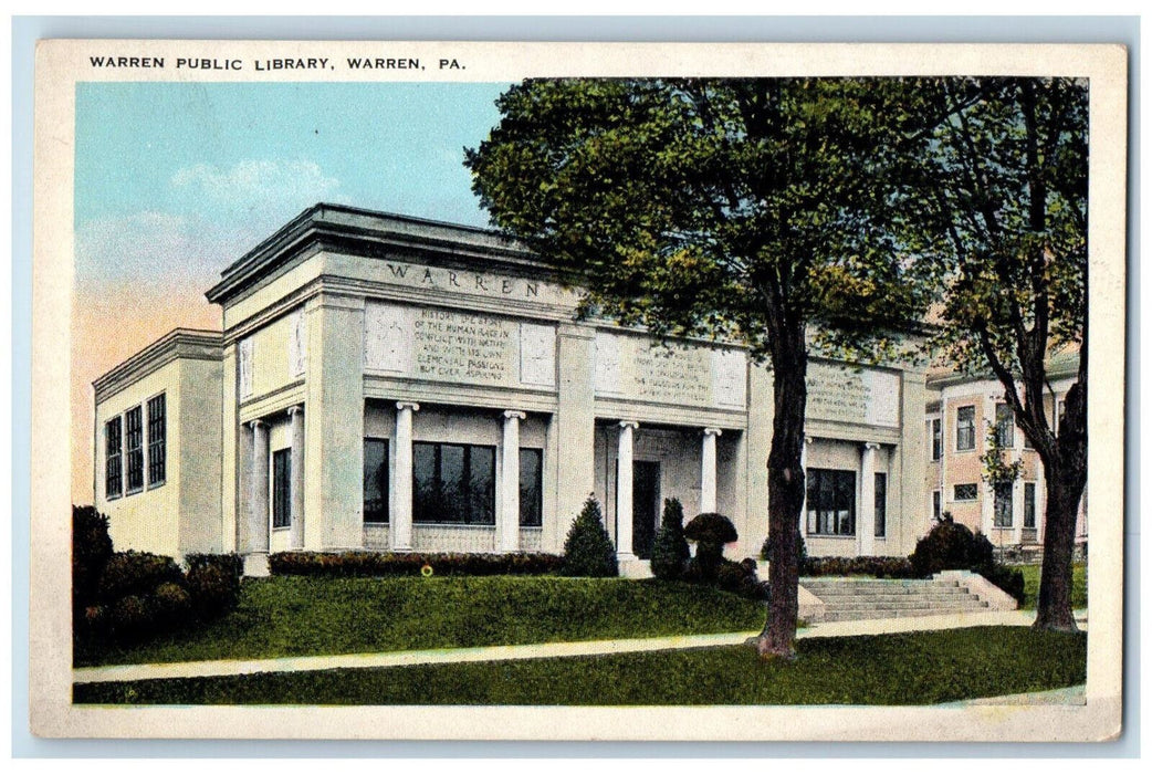 Warren Public Library Street Trees Sidewalk Scene Pennsylvania PA Postcard