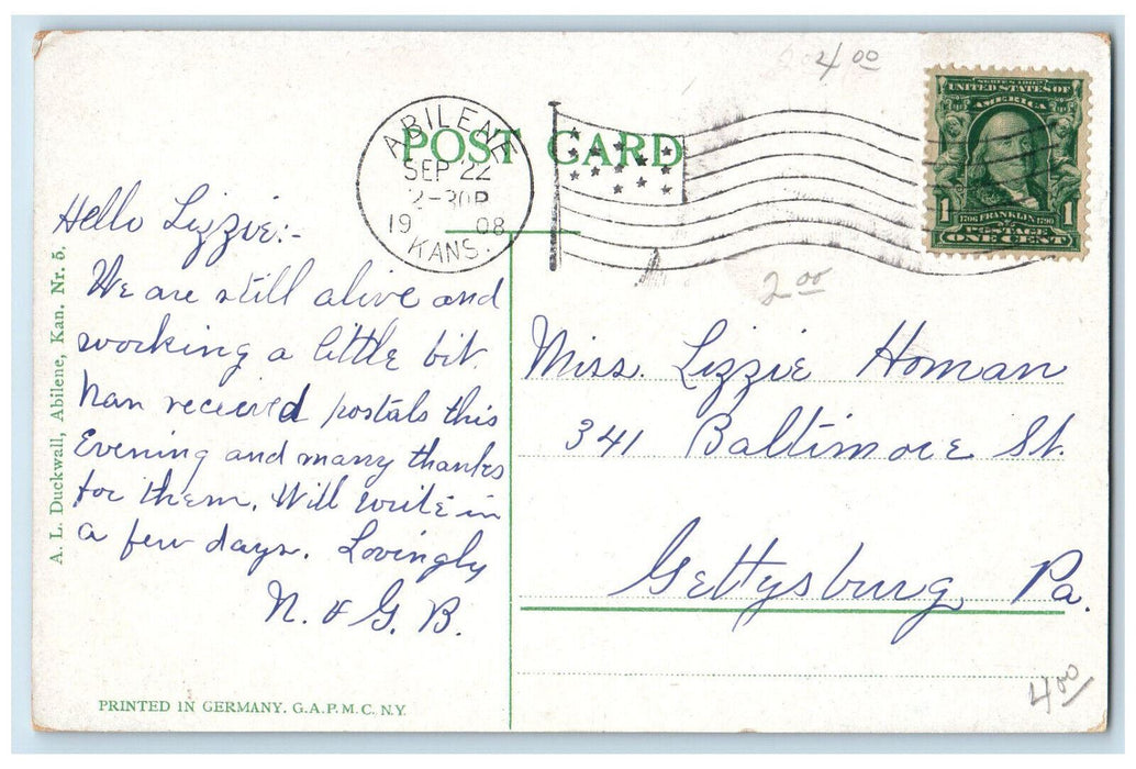 1908 View Of Public Library Exterior Scene Abilene Kansas KS Antique Postcard