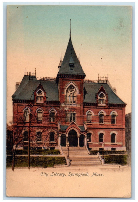 1908 Front View Of City Library Springfield Massachusetts MA Antique Postcard
