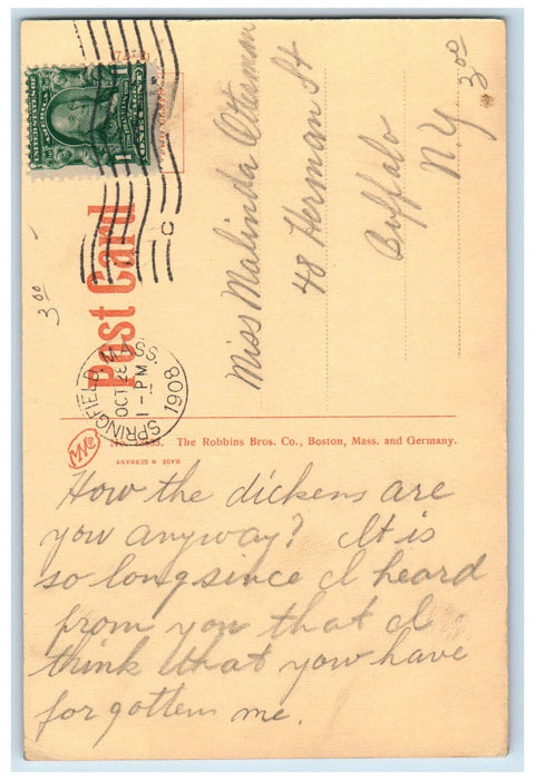 1908 Front View Of City Library Springfield Massachusetts MA Antique Postcard