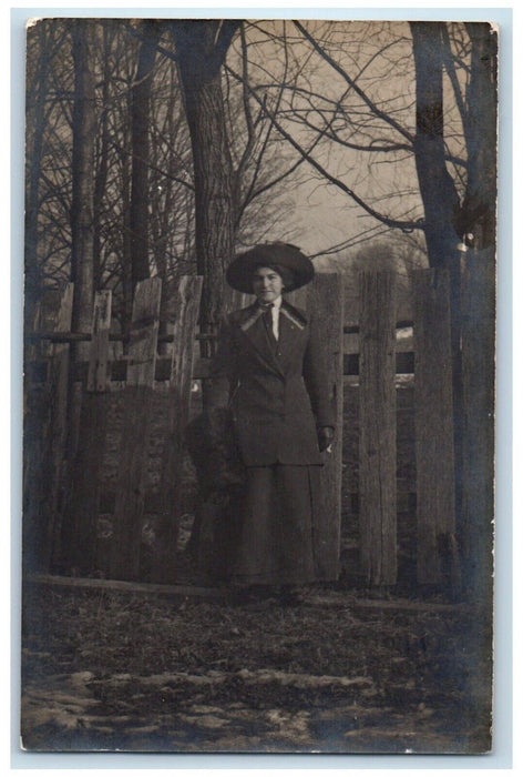 1913 Woman Dress Hat Hand Warmer Fence Ithaca New York NY RPPC Photo Postcard