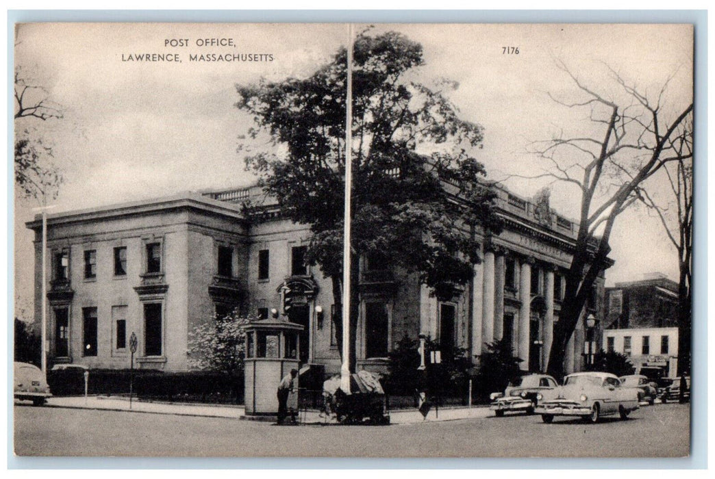 U.S Post Office Cars Crossing Street Scene Lawrence Massachusetts MA Postcard