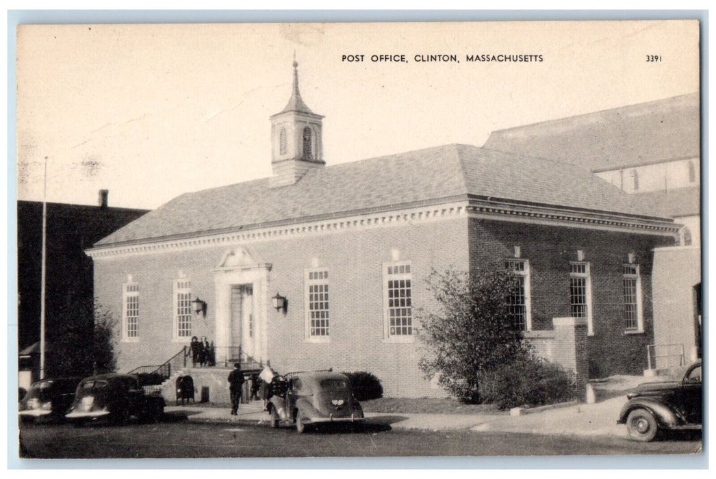 United States Post Office Cars Parked Street Clinton Massachusetts MA Postcard