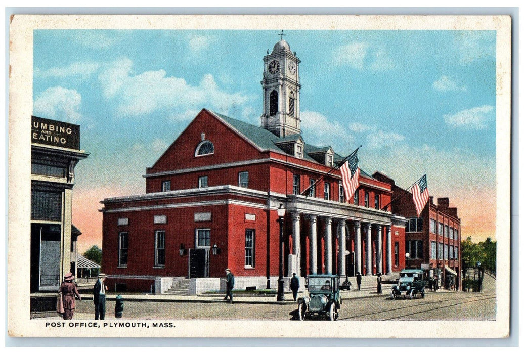 View Of United States Post Office Cars Scene Plymouth Massachusetts MA Postcard