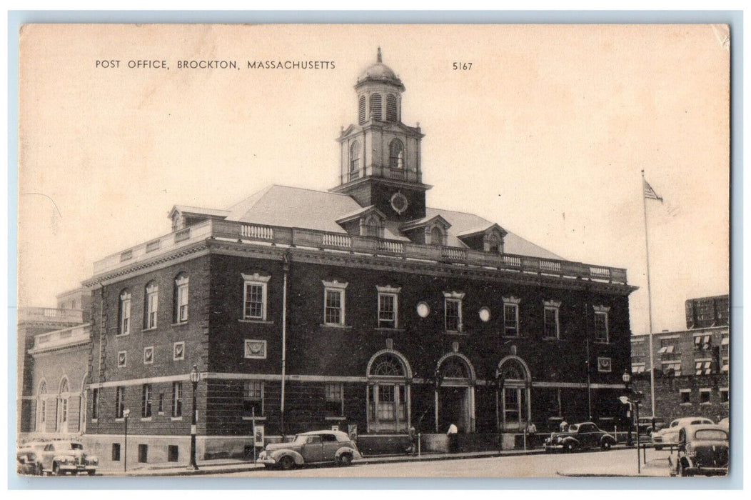 United States Post Office Street Cars Scene Brockton Massachusetts MA Postcard