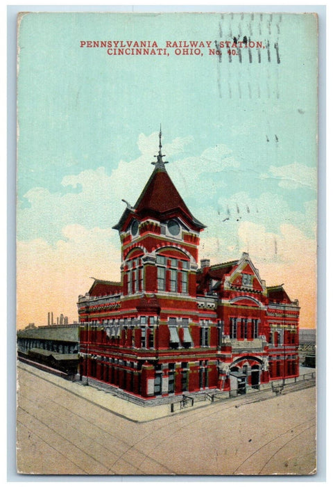 1911 Pennsylvania Railway Station Depot Cincinnati Ohio OH Antique Postcard