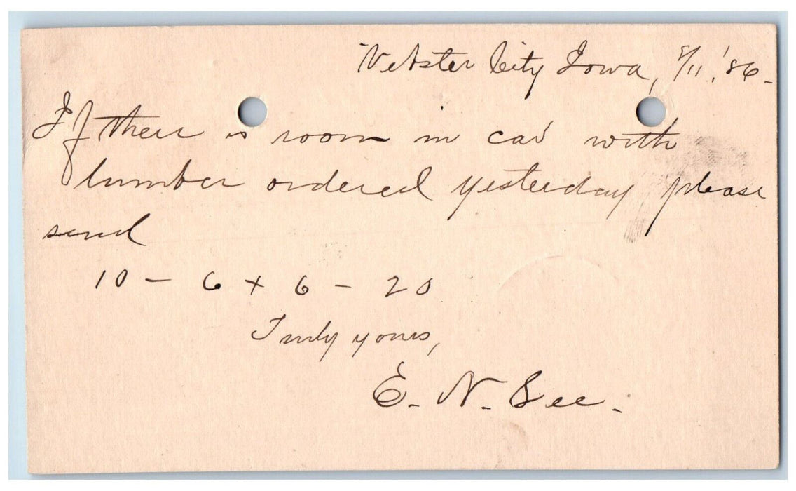 1886 Lumber Order WJ Young & Co. Webster City Iowa IA Clinton IA Postal Card