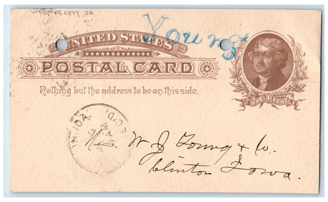 1886 Lumber Order WJ Young & Co. Webster City Iowa IA Clinton IA Postal Card