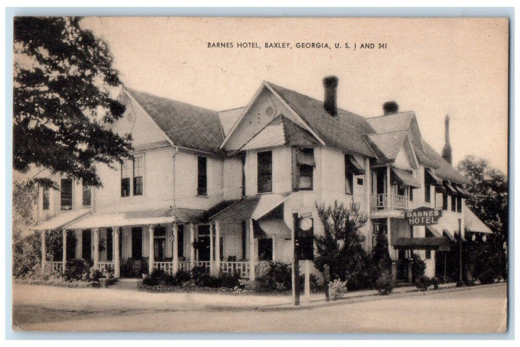 1941 Barnes Hotel Scene Street Baxley Georgia GA Posted Antique RPO Postcard