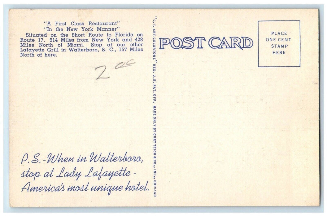 Lafayette Grill First Class Restaurant Walterboro SC And Brunswick GA Postcard