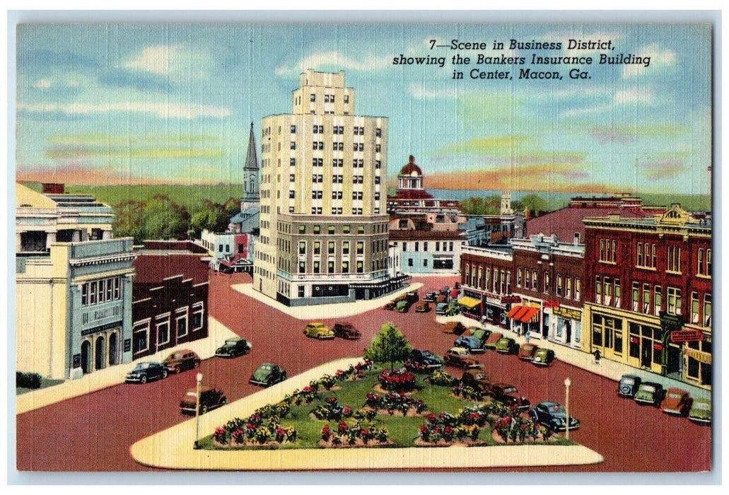 Macon GA, Scene In Business District Bankers Insurance Building Center Postcard