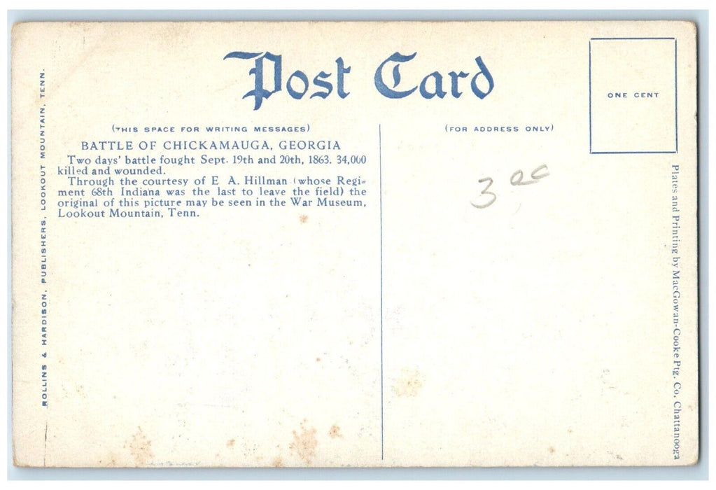 Battle Of Chickamauga Georgia GA, War Museum Lookout Mountain Unposted Postcard