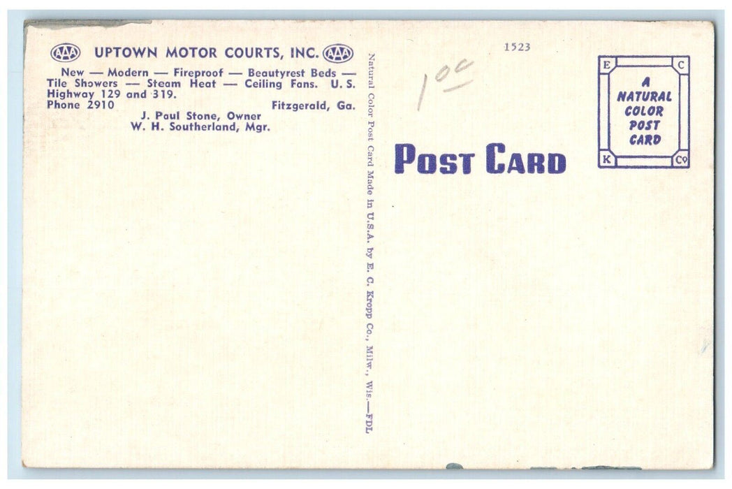 c1950's Uptown Motor Courts Inc. Motel Roadside Fitzgerald Georgia GA Postcard
