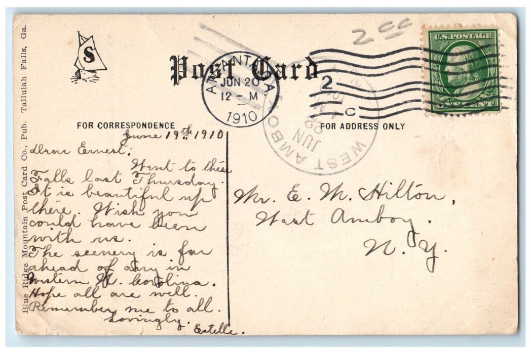 1910 Hurricane Falls Tallulah Falls Georgia GA, Waterfall Posted Anique Postcard