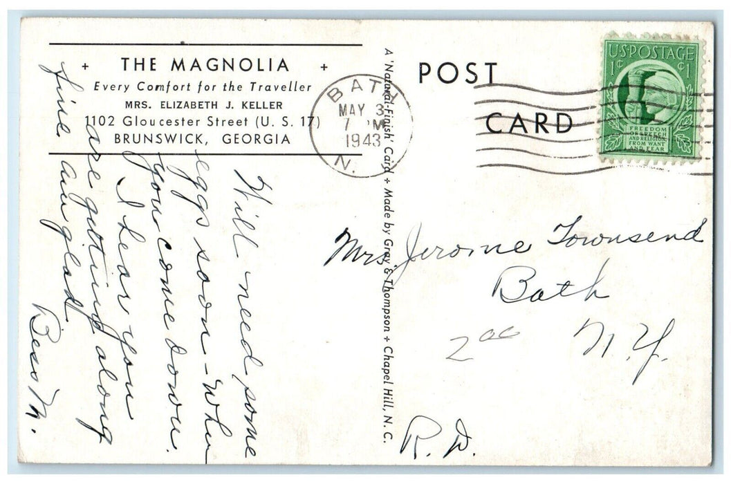 1943 The Magnolia Gloucester Street Brunswick Georgia GA, Bath NY Postcard