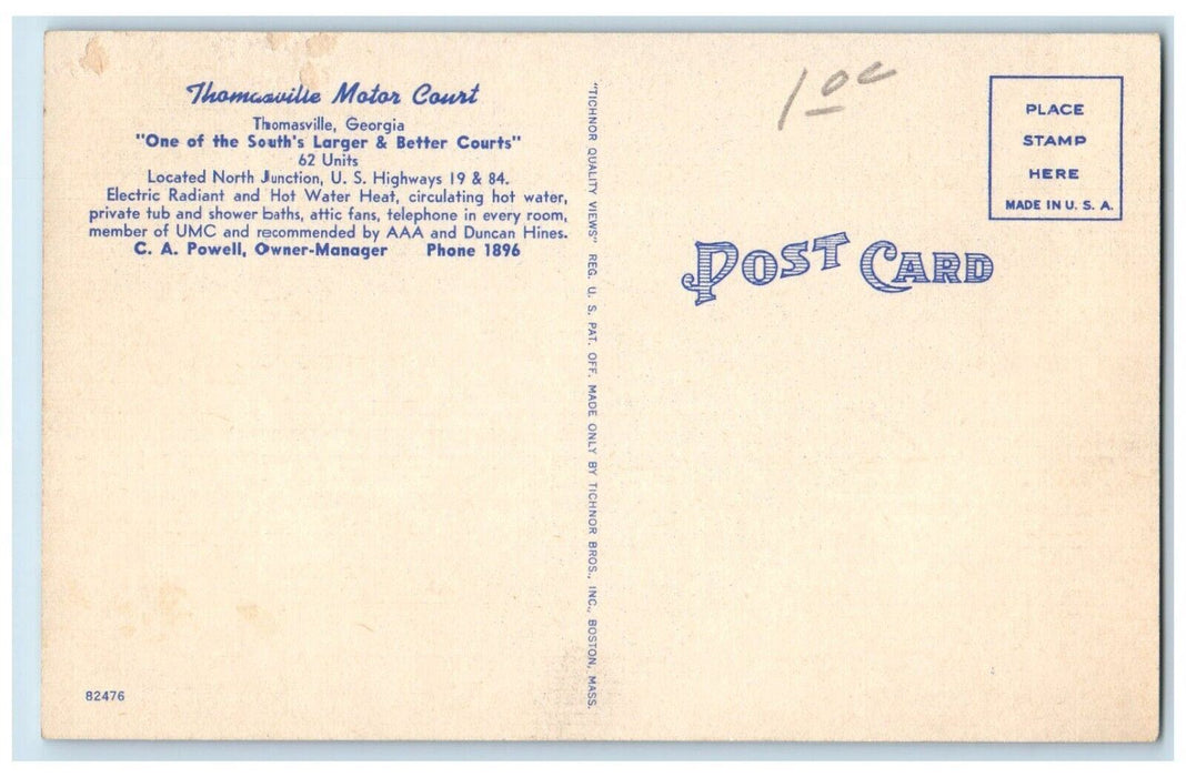 Thomasville Motor Court Hotel Roadside Car Thomasville Georgia GA Postcard