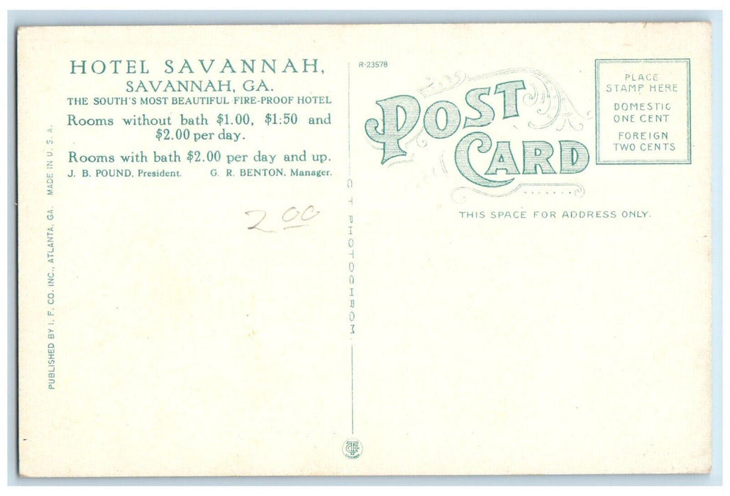 c1930's Savannah Hotel Building Cars Savannah Georgia GA Advertising Postcard