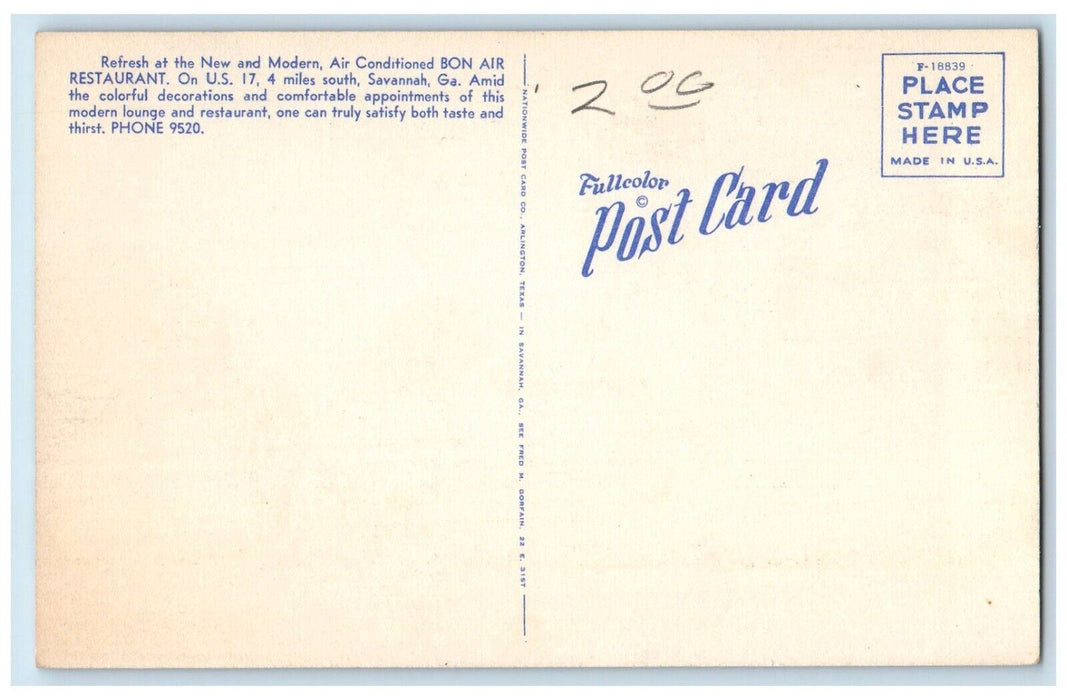 New And Modern Bon Air Restaurant Dining Room Roadside Savannah GA Postcard