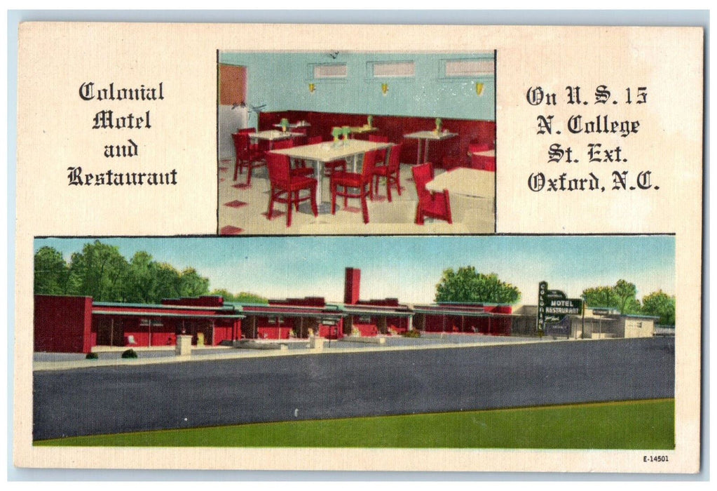 c1940's Colonial Motel Restaurant Oxford North Carolina NC Multiview Postcard