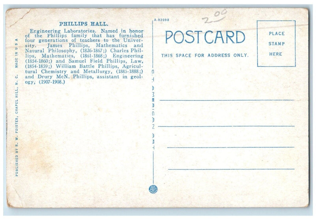 c1940's Phillips Hall University of North Carolina Chapel Hill NC Postcard