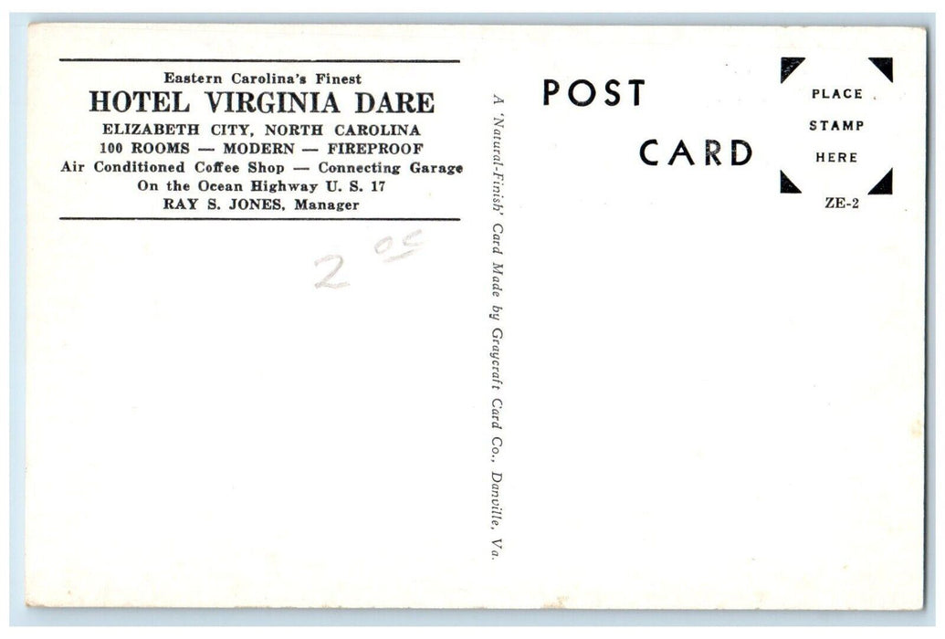 c1940's Virginia Dare Hotel Elizabeth City North Carolina NC Postcard