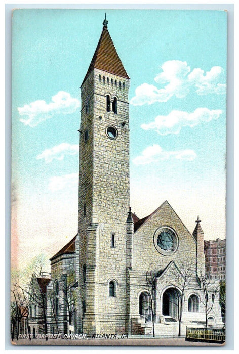 c1910's First Baptist Church Scene Street Atlanta Georgia GA Antique Postcard