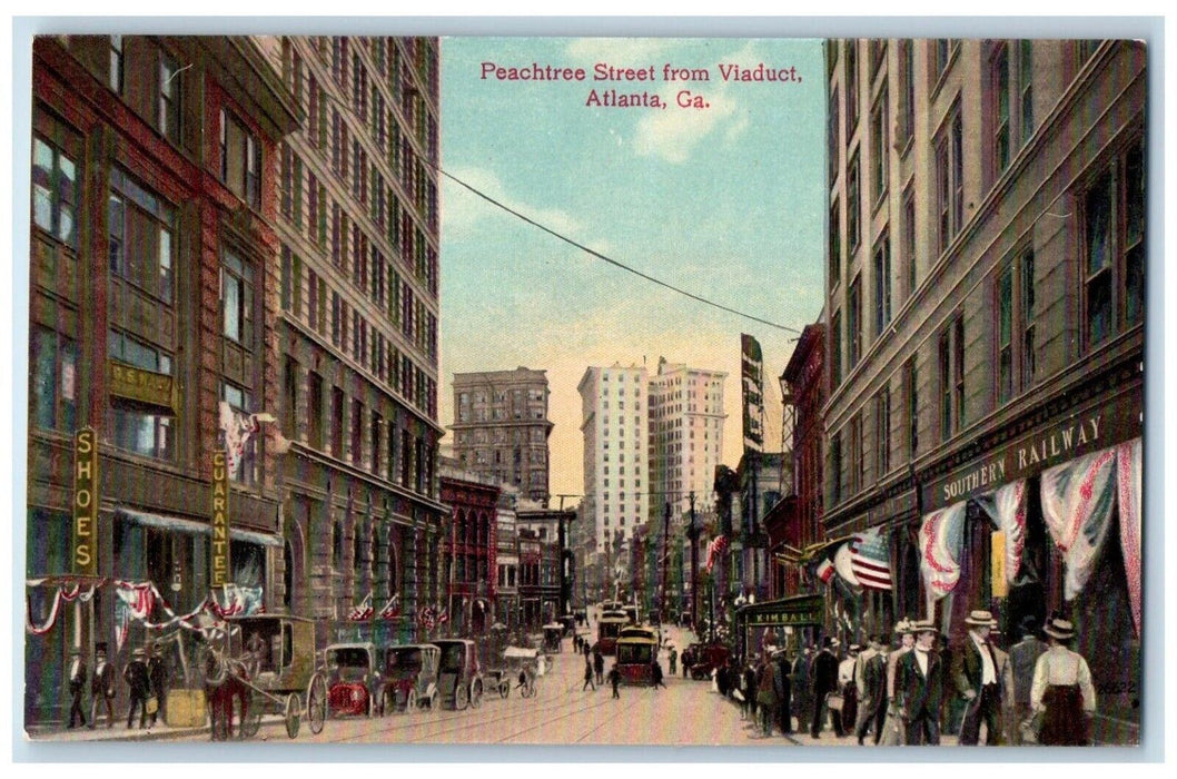 Peachtree Street From Viaduct Trolley Cars Southern Railway Atlanta GA Postcard