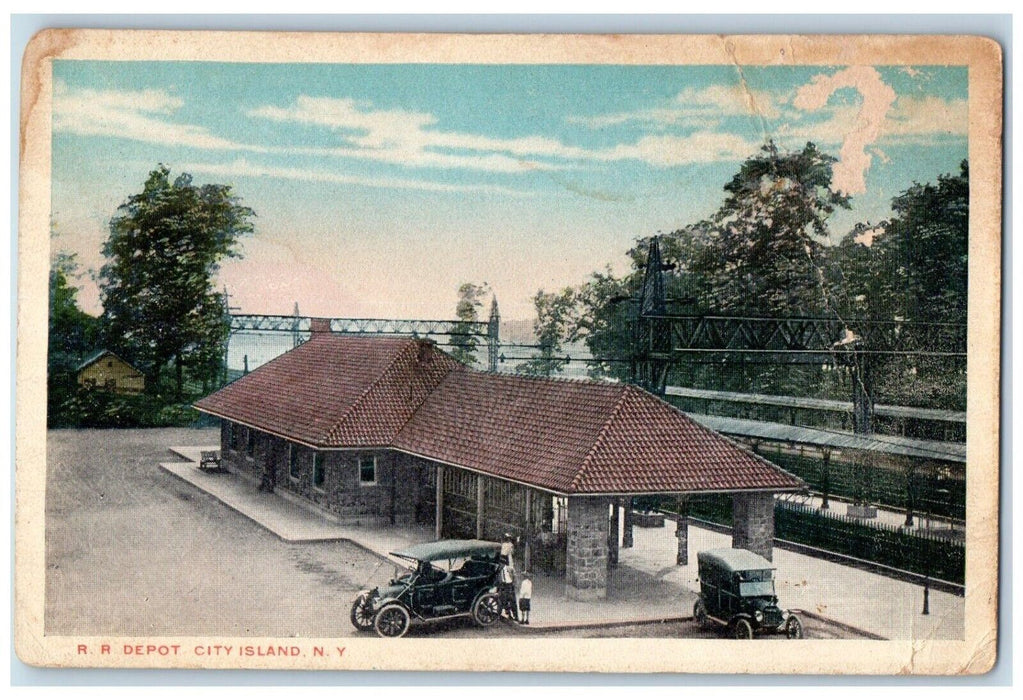 c1910's RR Railroad Depot City Island Cars Bronx New York NY Antique Postcard