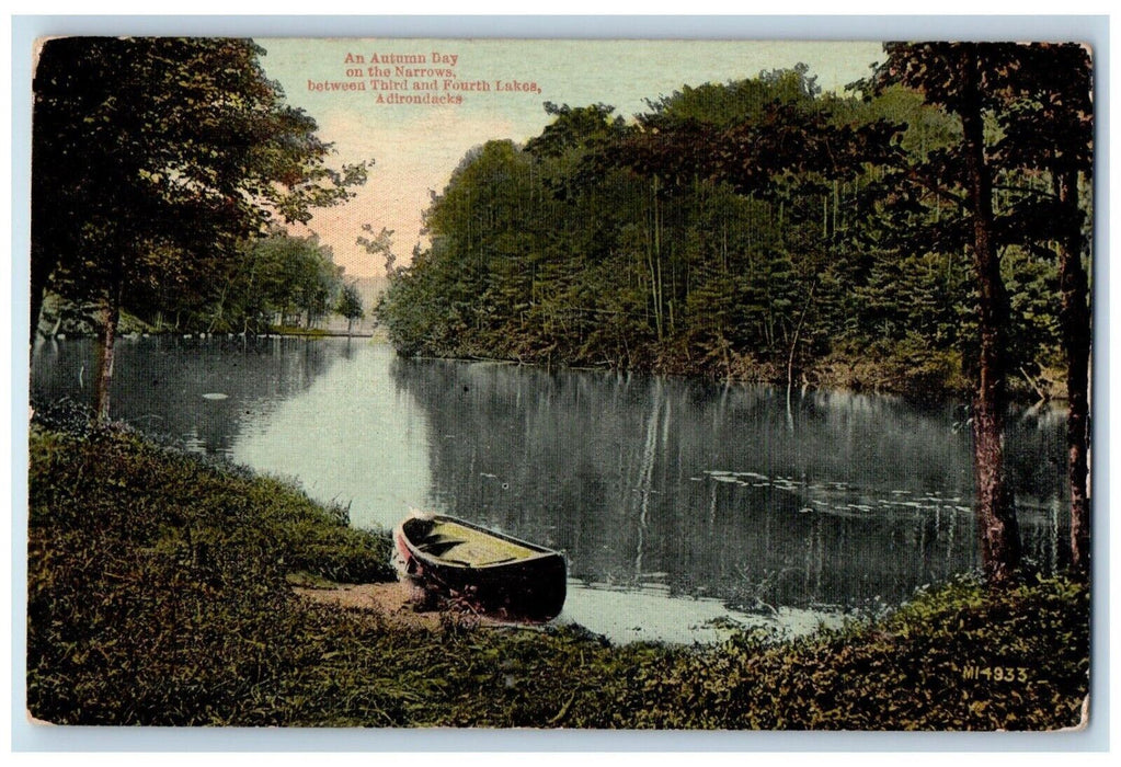 An Autumn Day On The Narrows Third Fourth Lakes Boat Adirondacks NY Postcard